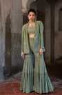 A Embroidered Blazer Set With Bustier And Sharara Pants