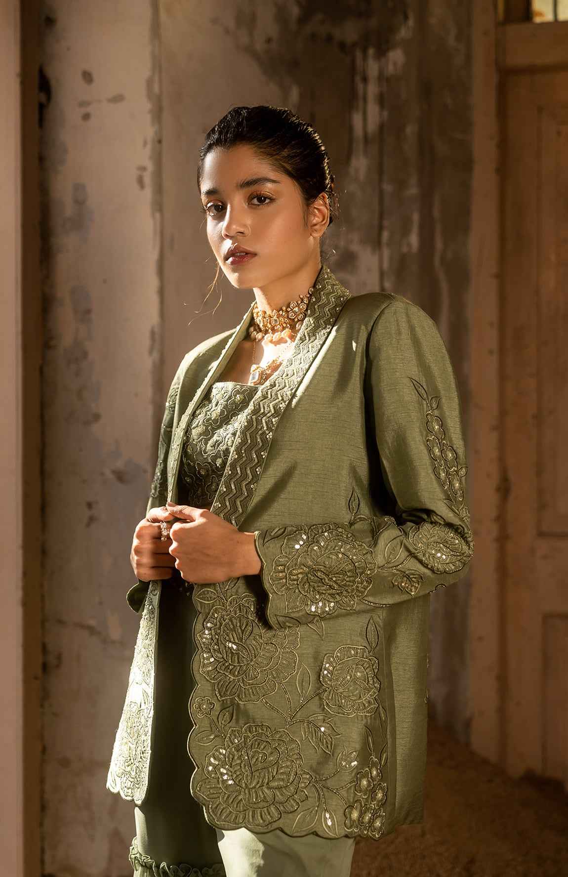 A Embroidered Blazer Set With Bustier And Sharara Pants