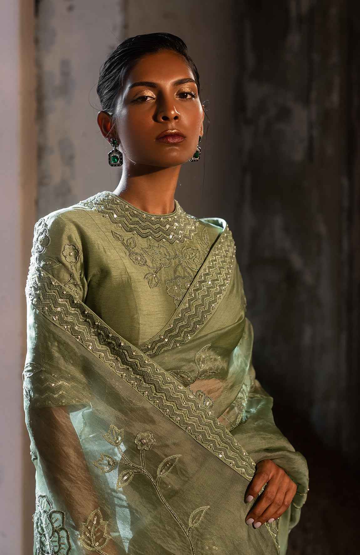 A Pista Green Embroidered Saree With High Neck Blouse