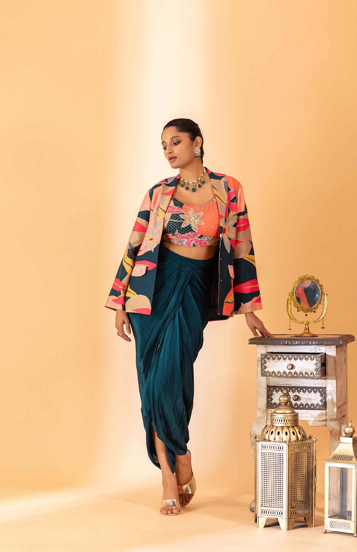 A Multi Color Embroidered Jacket Set Paired With Bustier And Drape Skirt