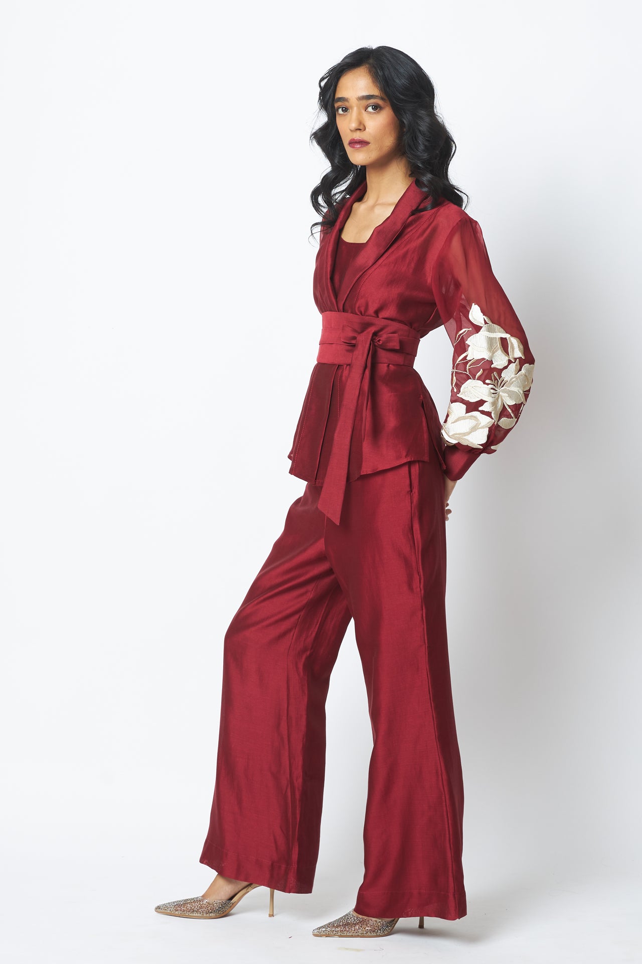 Burgandy Reva - Blazer Wrap Top & Wide-Leg Pant