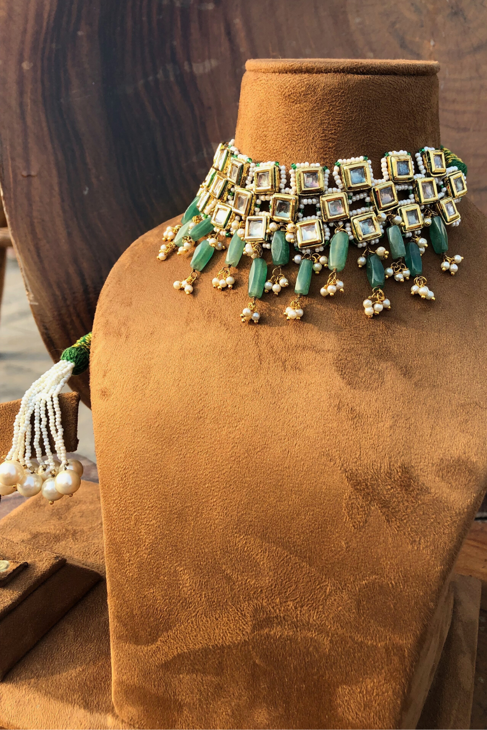 Square kundankari choker 
with green beads (set with earrings)