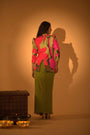 A Multi Color Embroidered Jacket Set Paired With Bustier And Drape Skirt