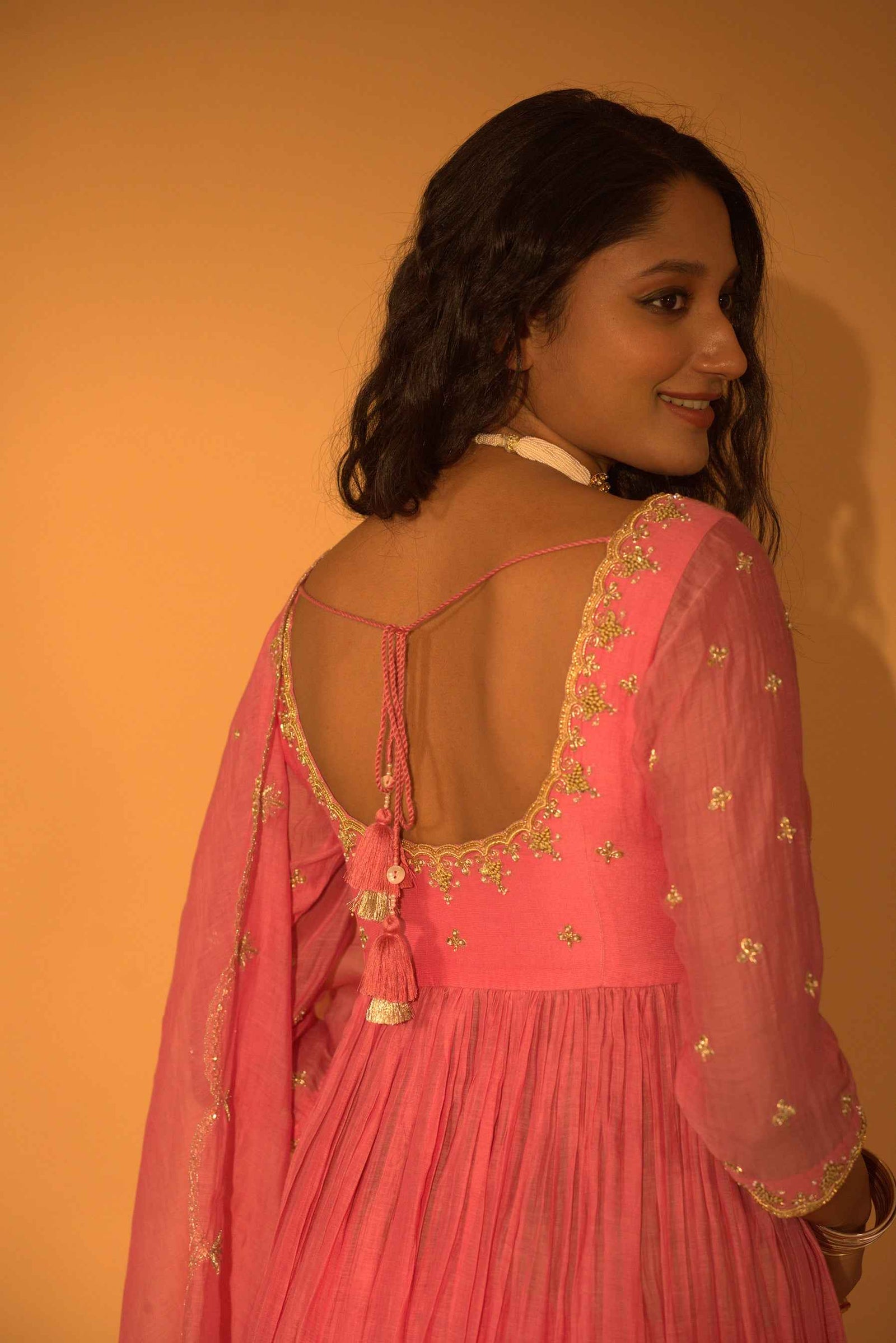 A Rose Pink Anarkali Set With Pants And Duptta