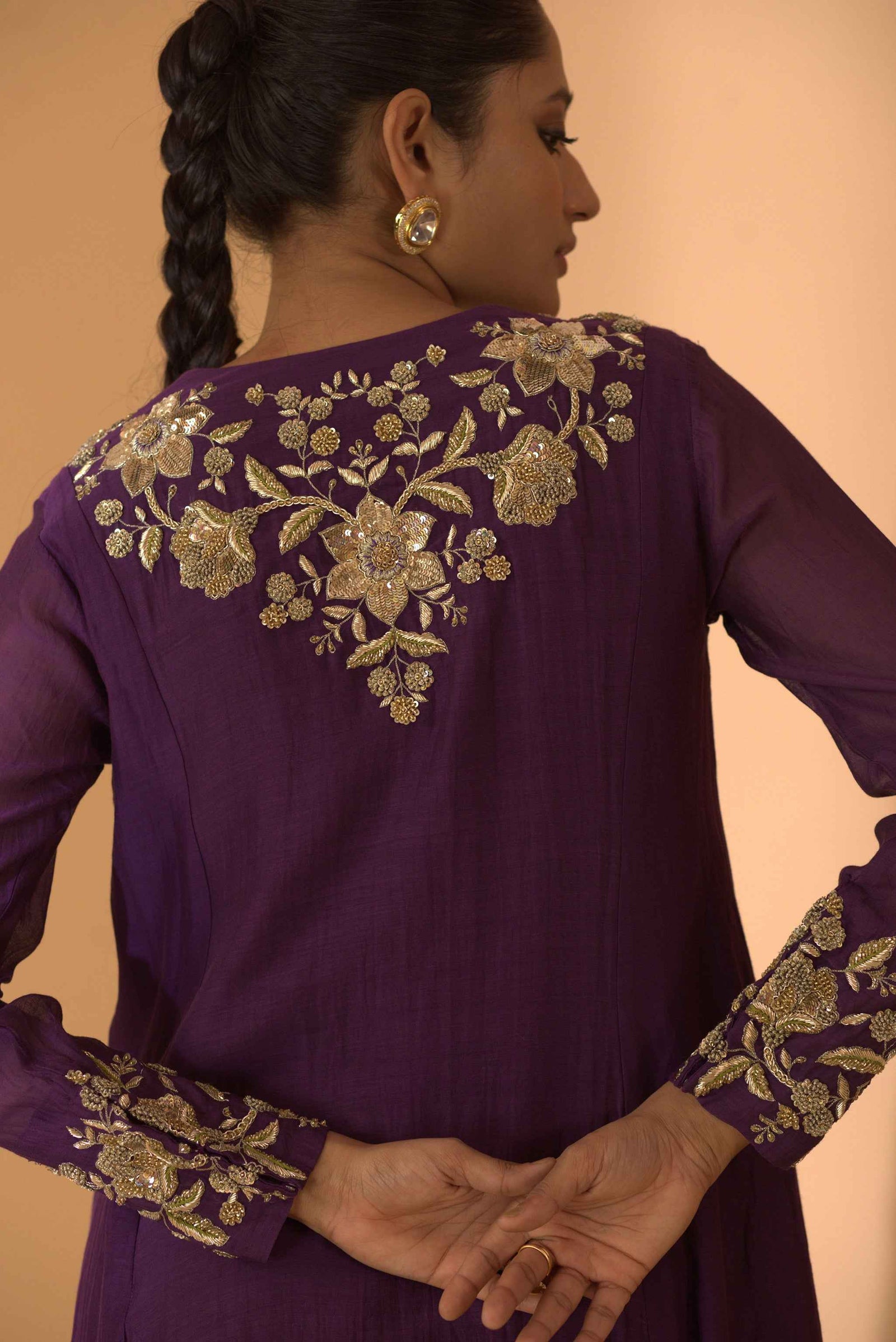 A Purple Hand Embroidered Anarkali Set With Pants