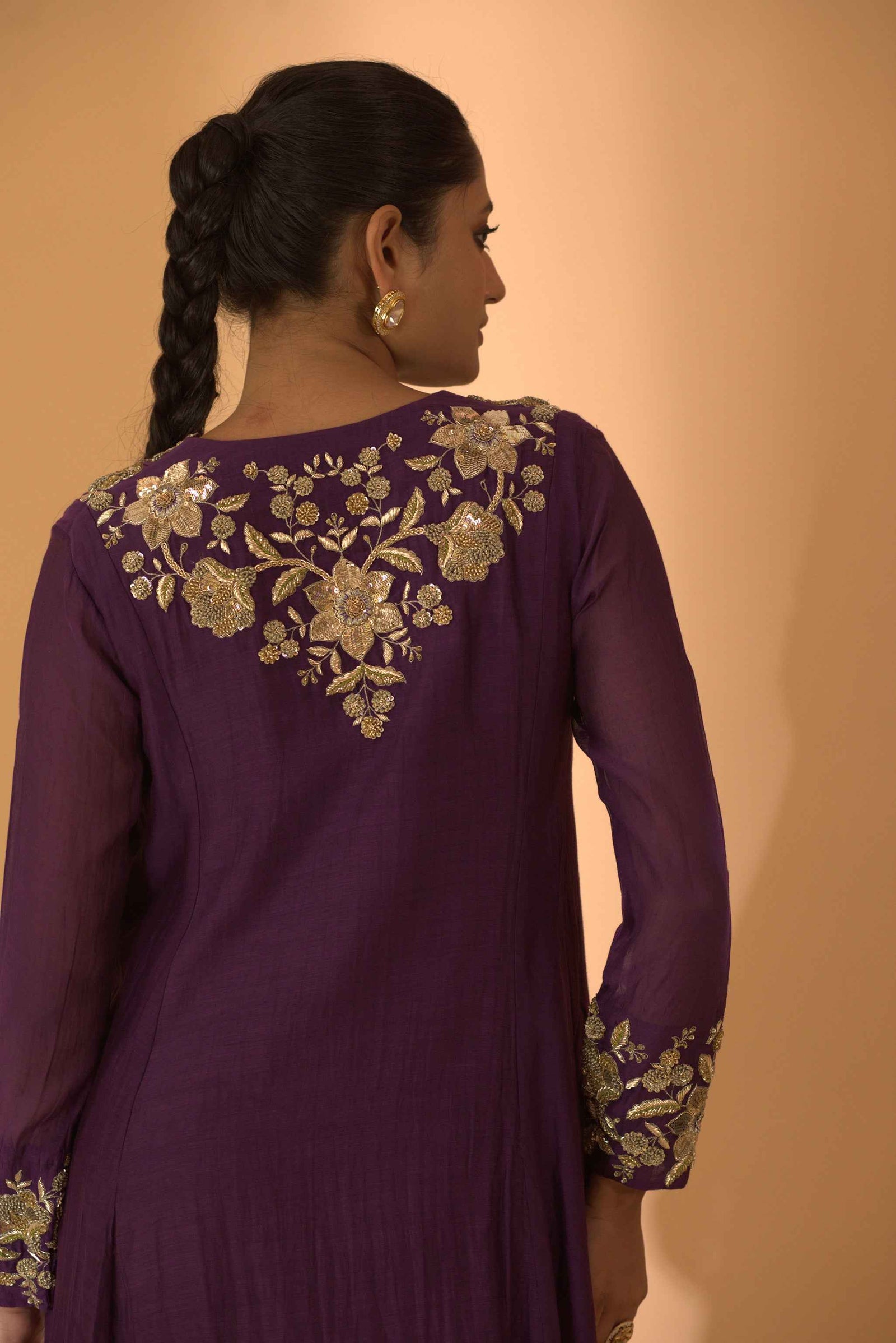 A Purple Hand Embroidered Anarkali Set With Pants