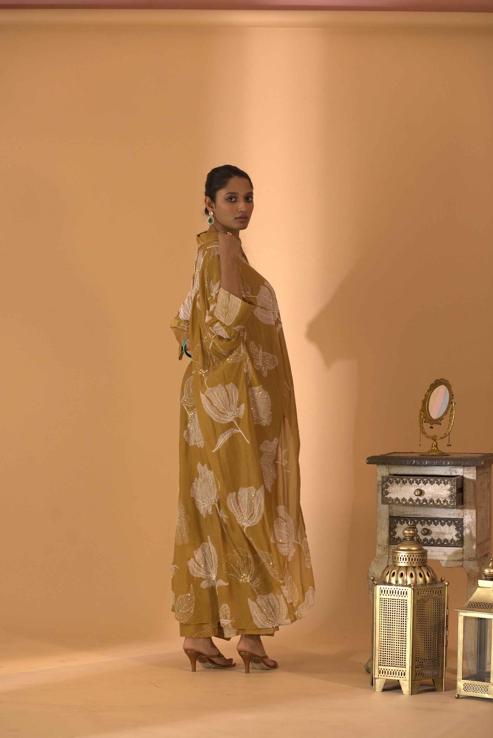 A Mustard Print Embroidered Co-Ord Set