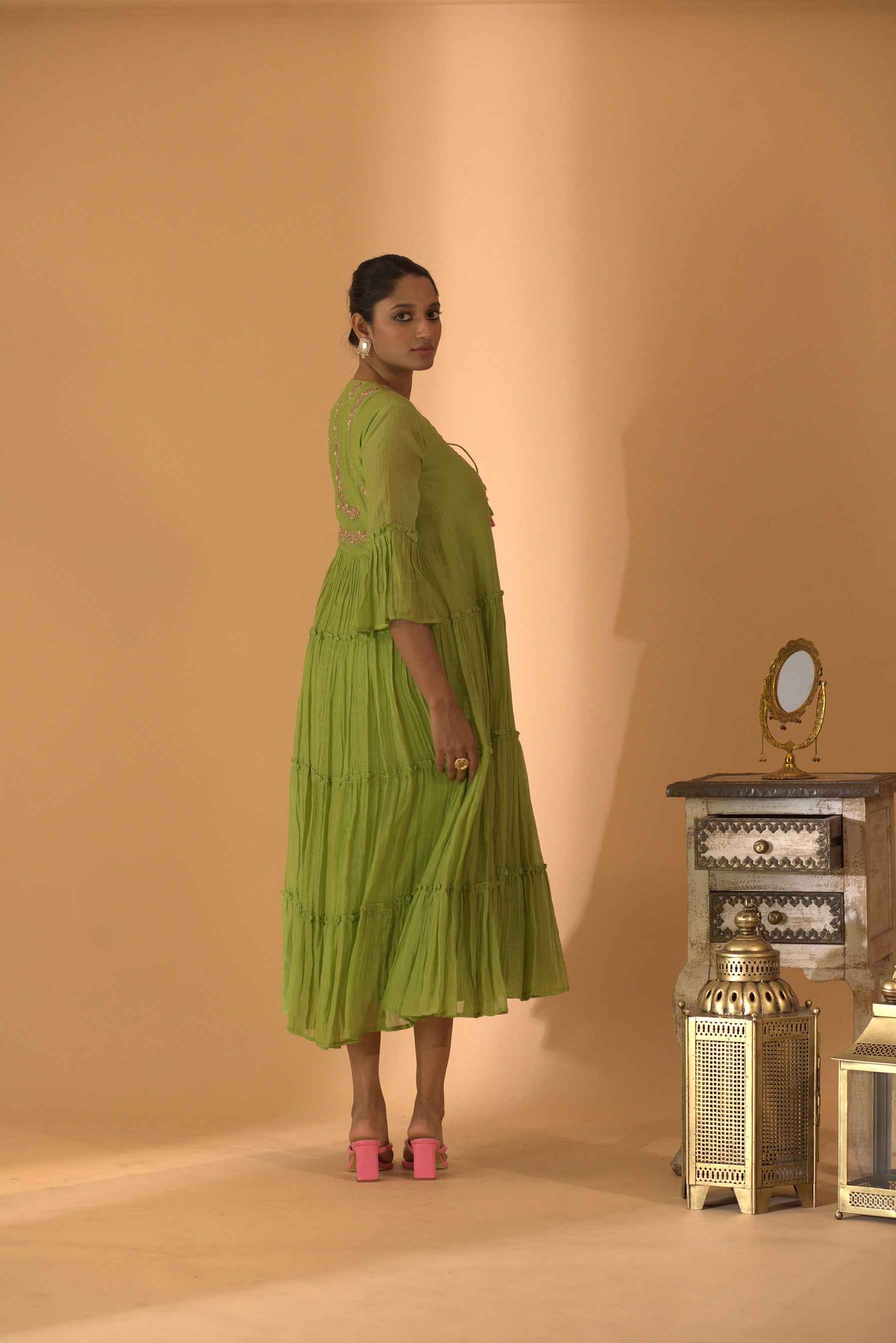 A Lime Green Hand Embroidered One Piece Dress