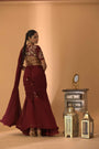 A Maroon Fish Cut Style Saree With Embroidered Blouse