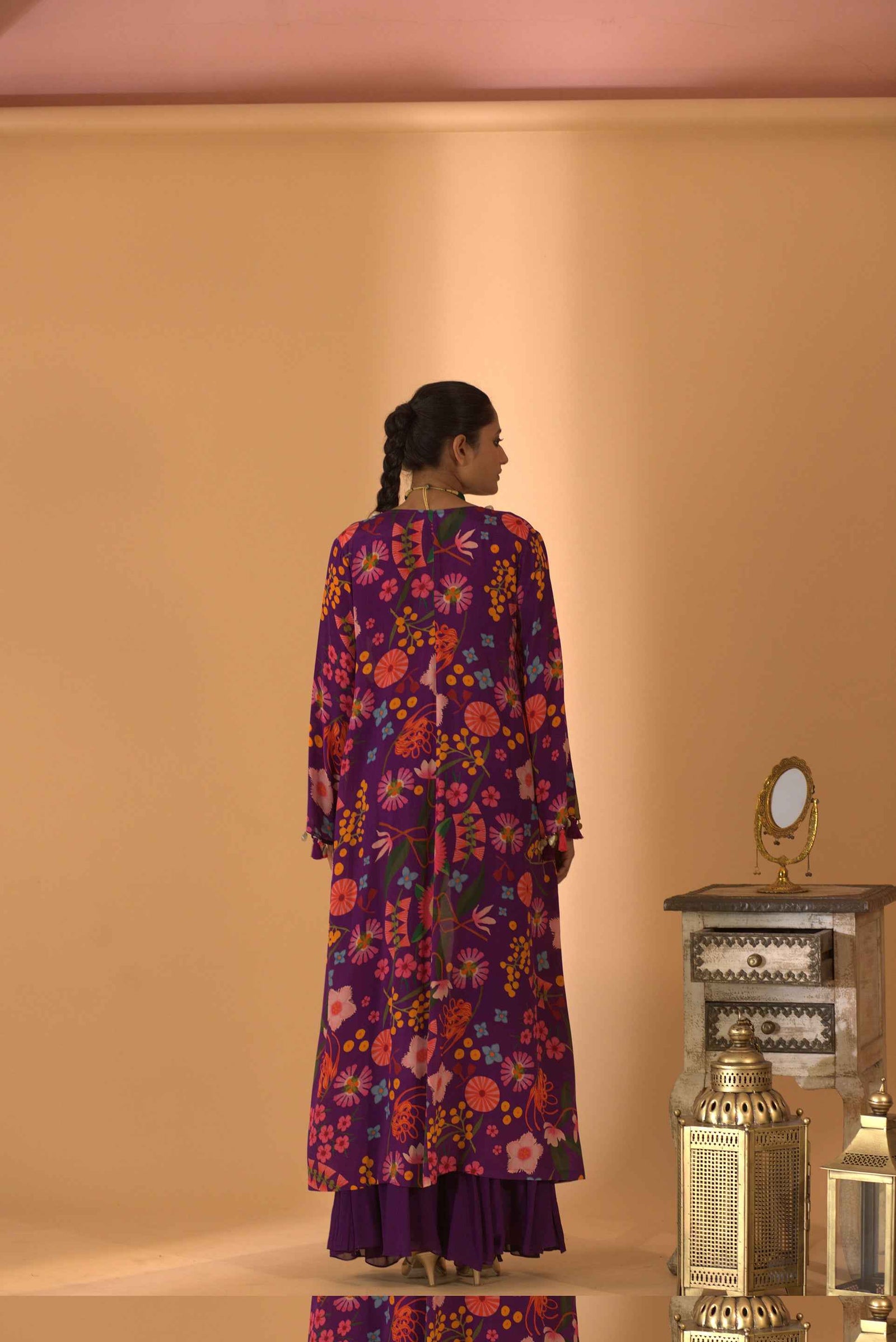 A Floral Printed Jacket Set Paired With Bustier And Plazzo Pants