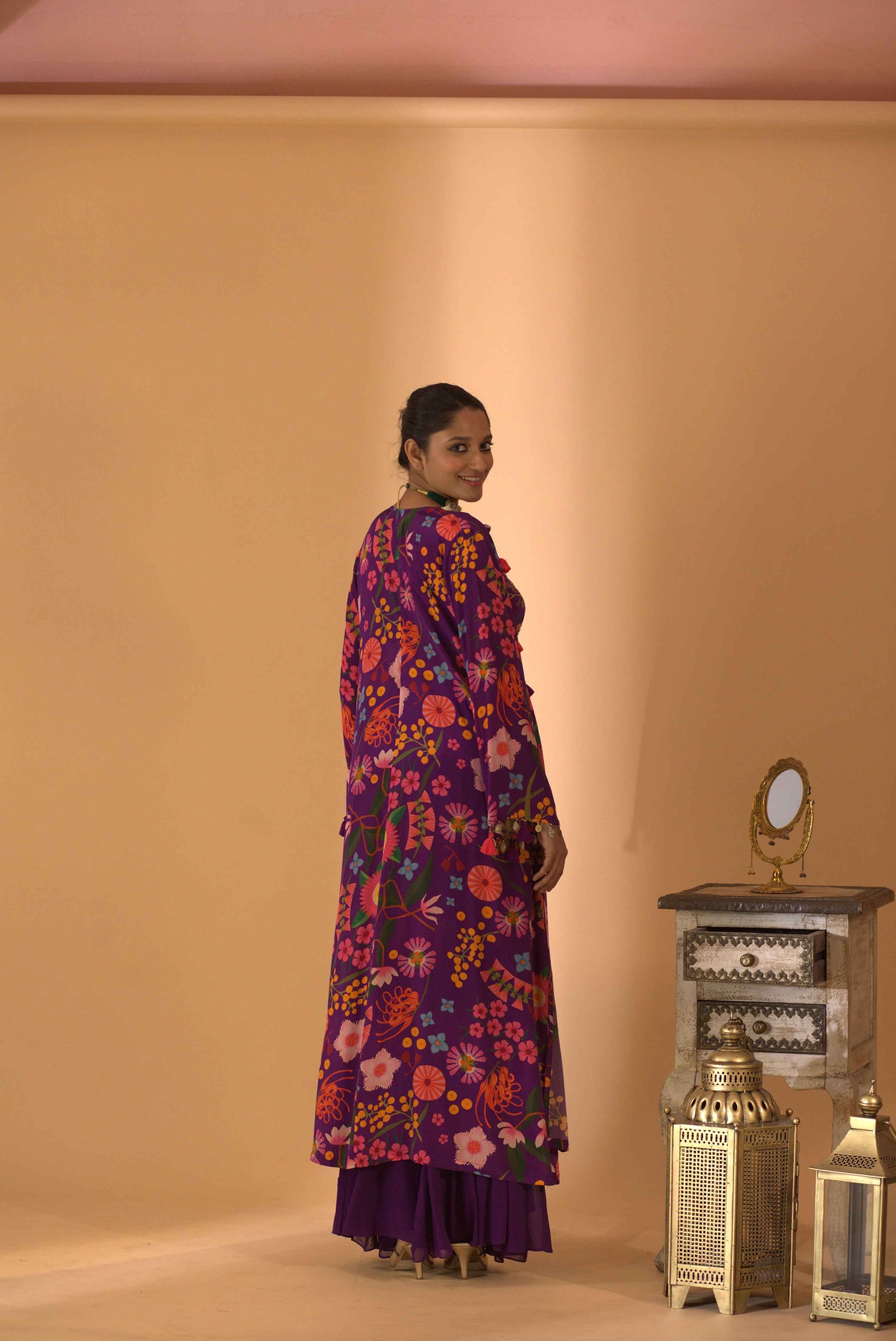 A Floral Printed Jacket Set Paired With Bustier And Plazzo Pants