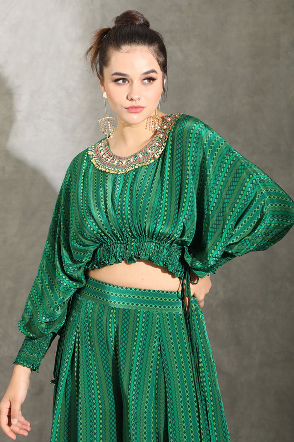 Green dhari printed embroidered pant set