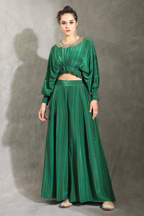 Green dhari printed embroidered pant set