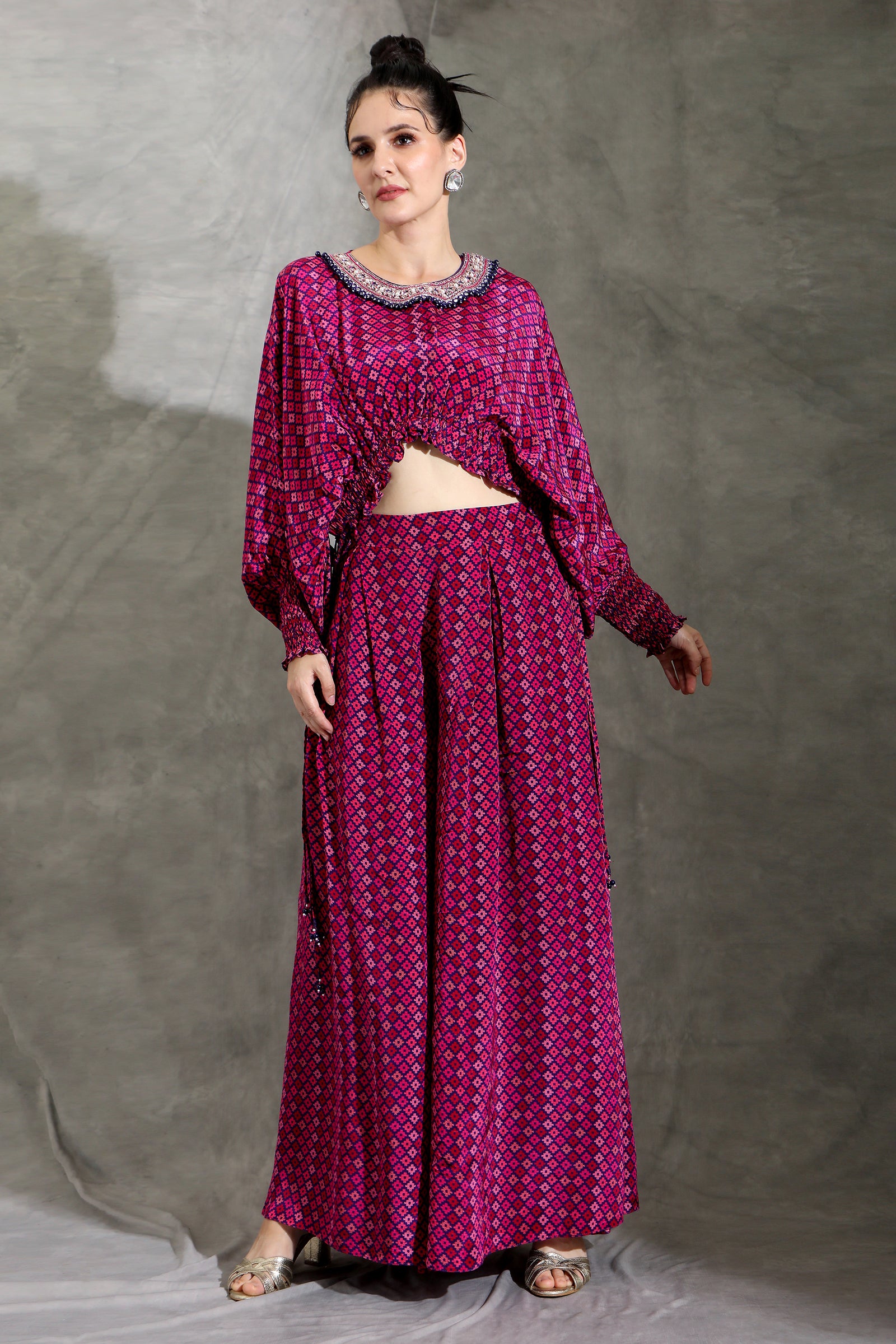 Geometric printed draped top and pant set