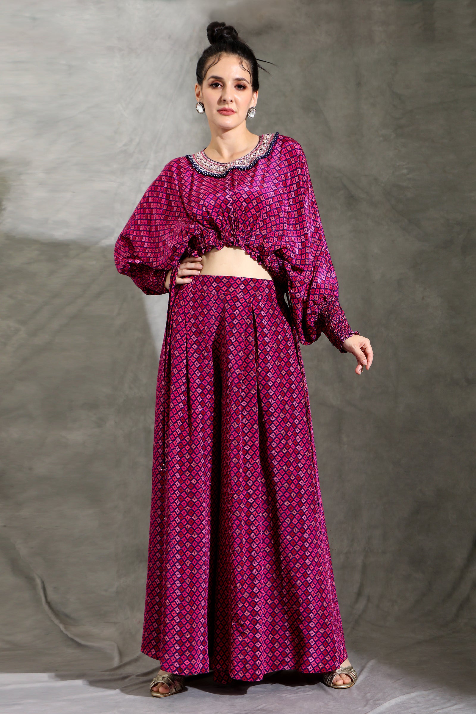 Geometric printed draped top and pant set