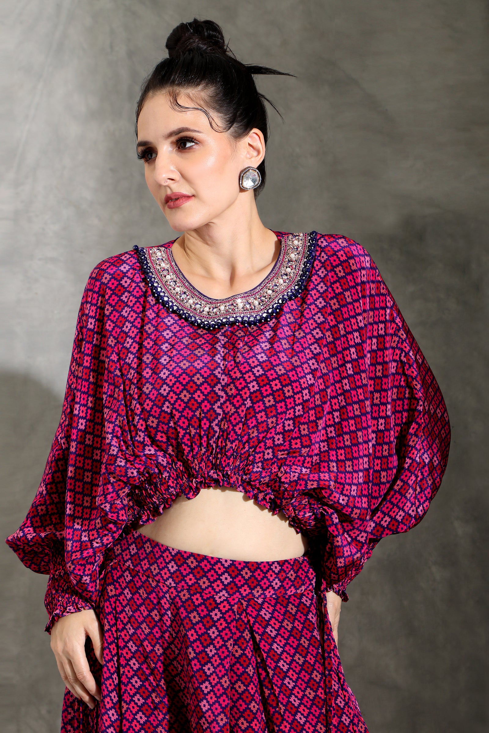 Geometric printed draped top and pant set