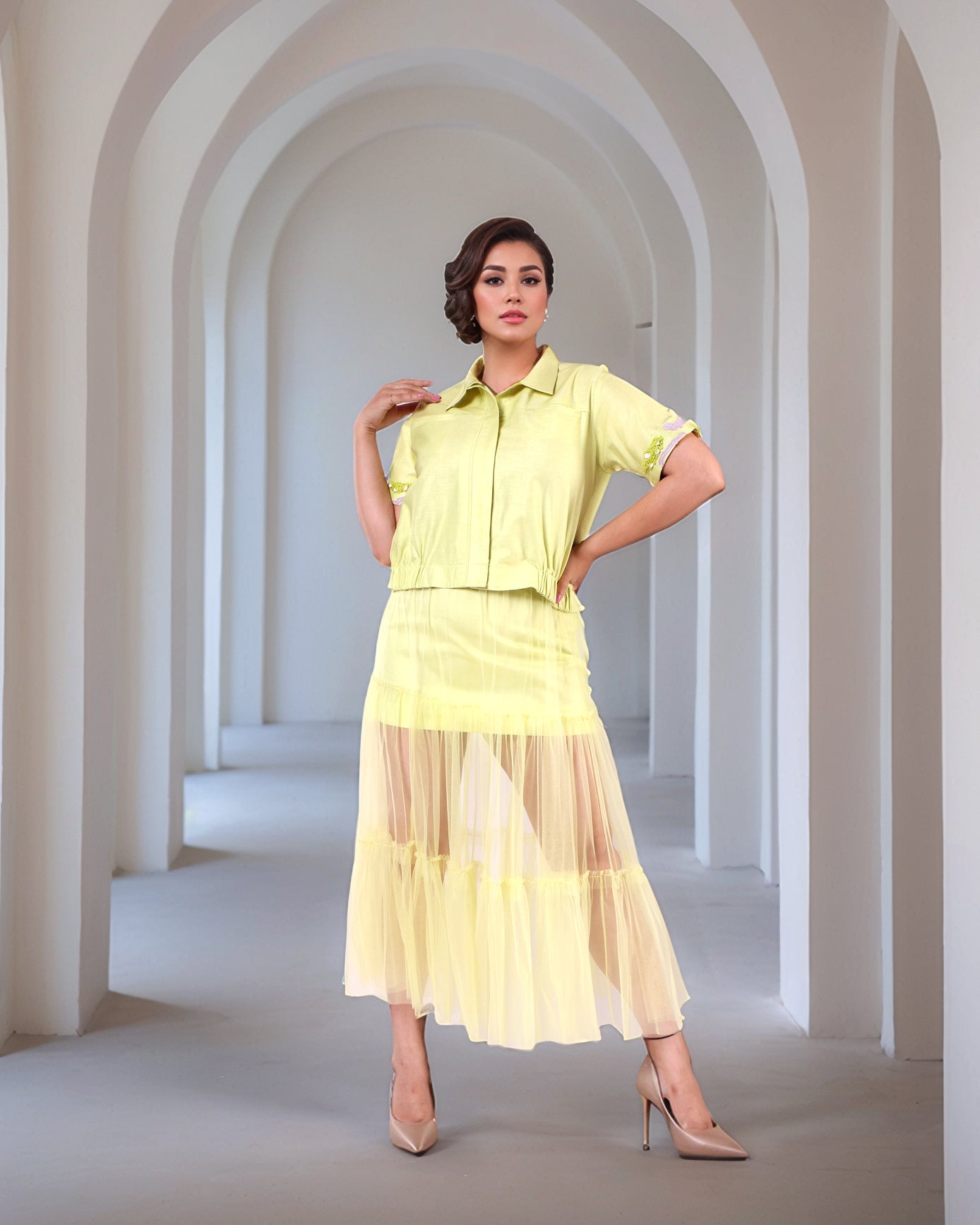 Creamy Avocado Green Jacket With Tulle Ruched Sheer Skirt