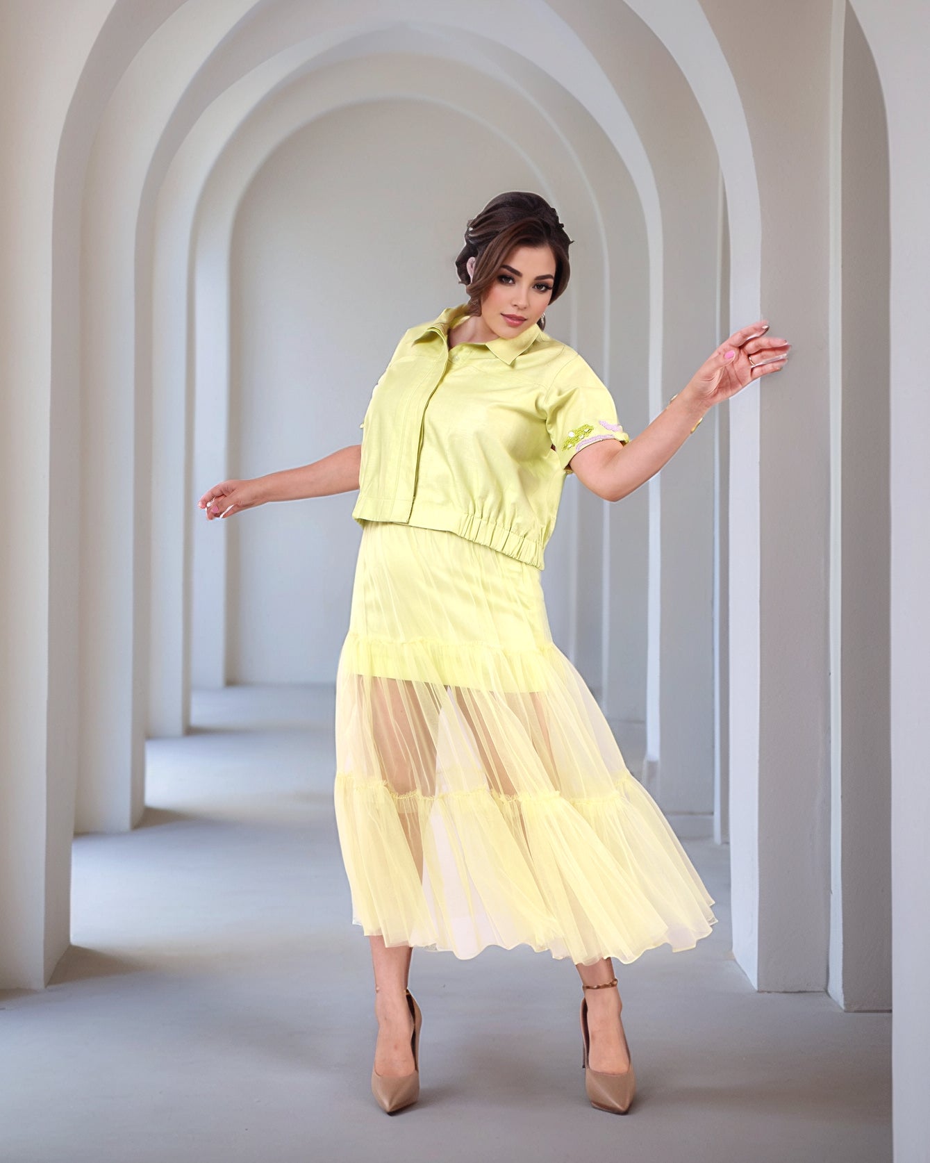 Creamy Avocado Green Jacket With Tulle Ruched Sheer Skirt
