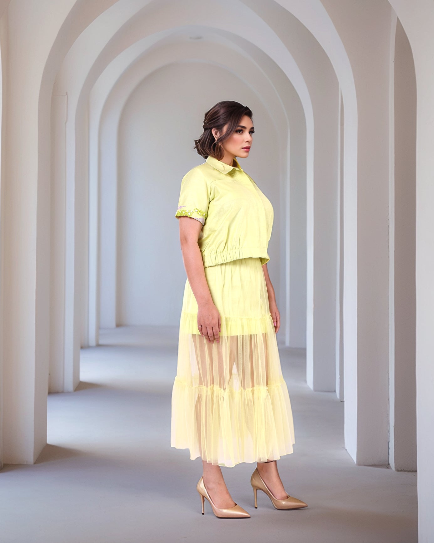 Creamy Avocado Green Jacket With Tulle Ruched Sheer Skirt