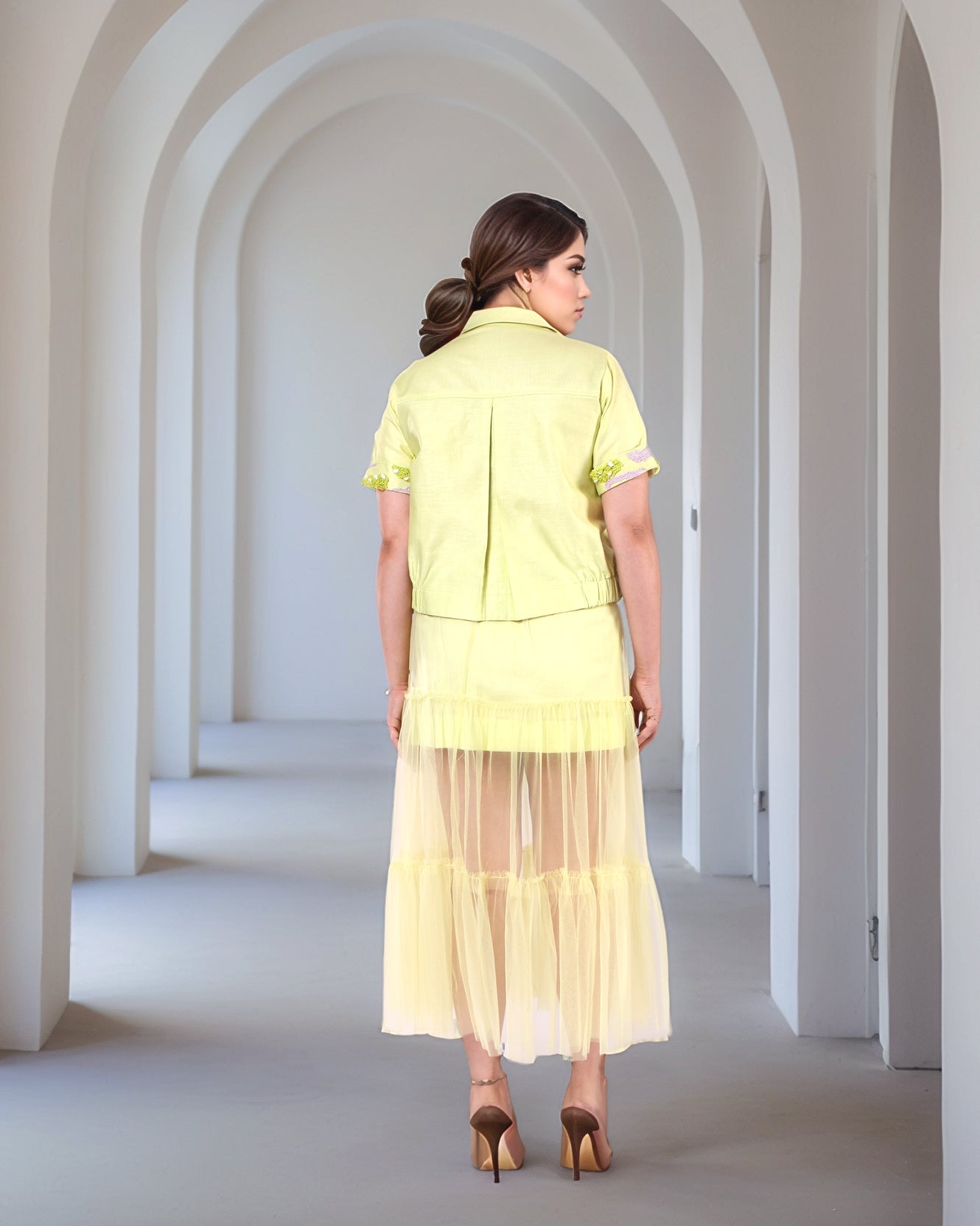 Creamy Avocado Green Jacket With Tulle Ruched Sheer Skirt