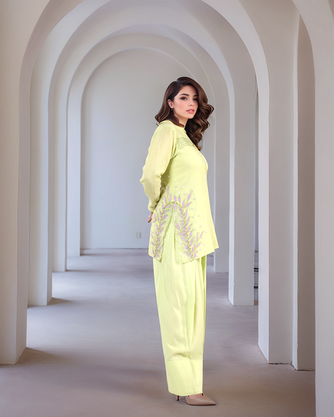 Creamy Avocado Green Embroidered Tunic With Farshi Salwar