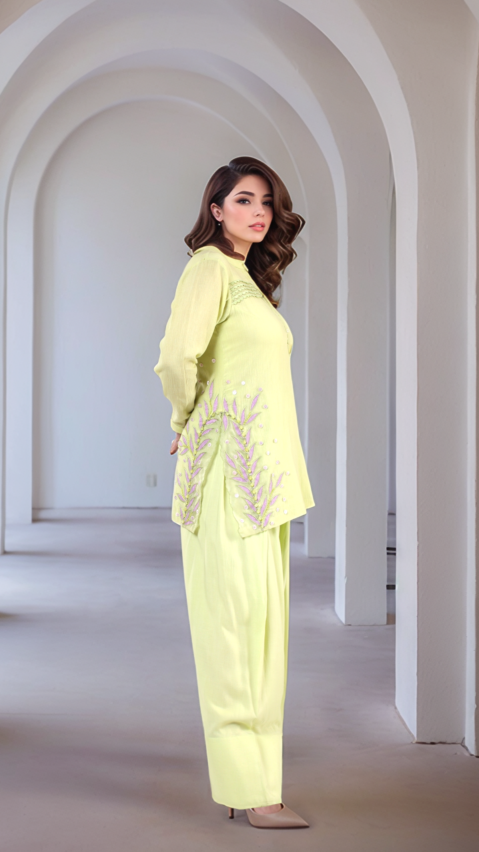 Creamy Avocado Green Embroidered Tunic With Farshi Salwar