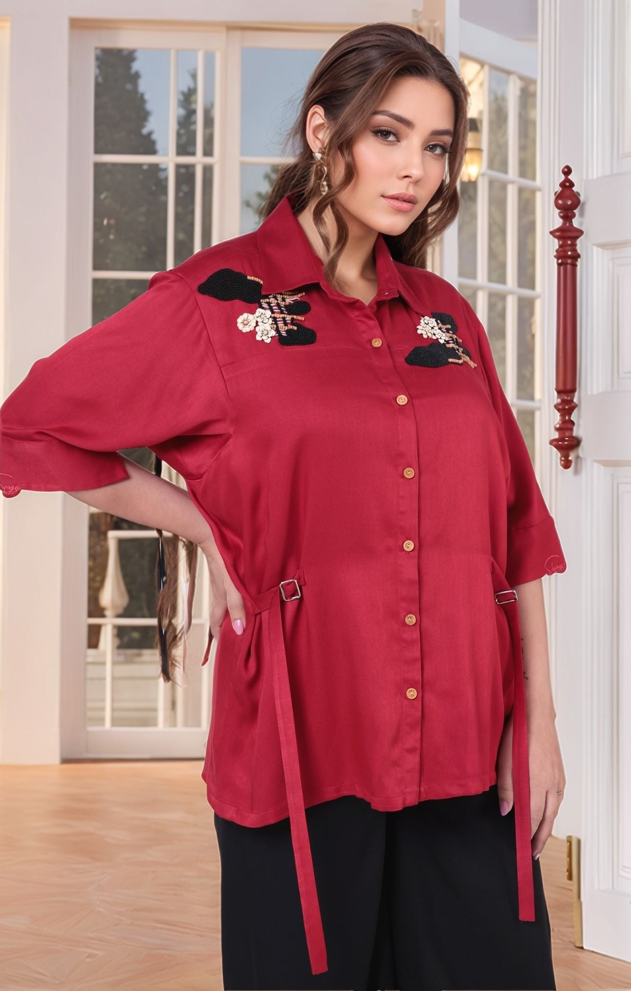 Bold Red With Button Down Embroidered Shirt