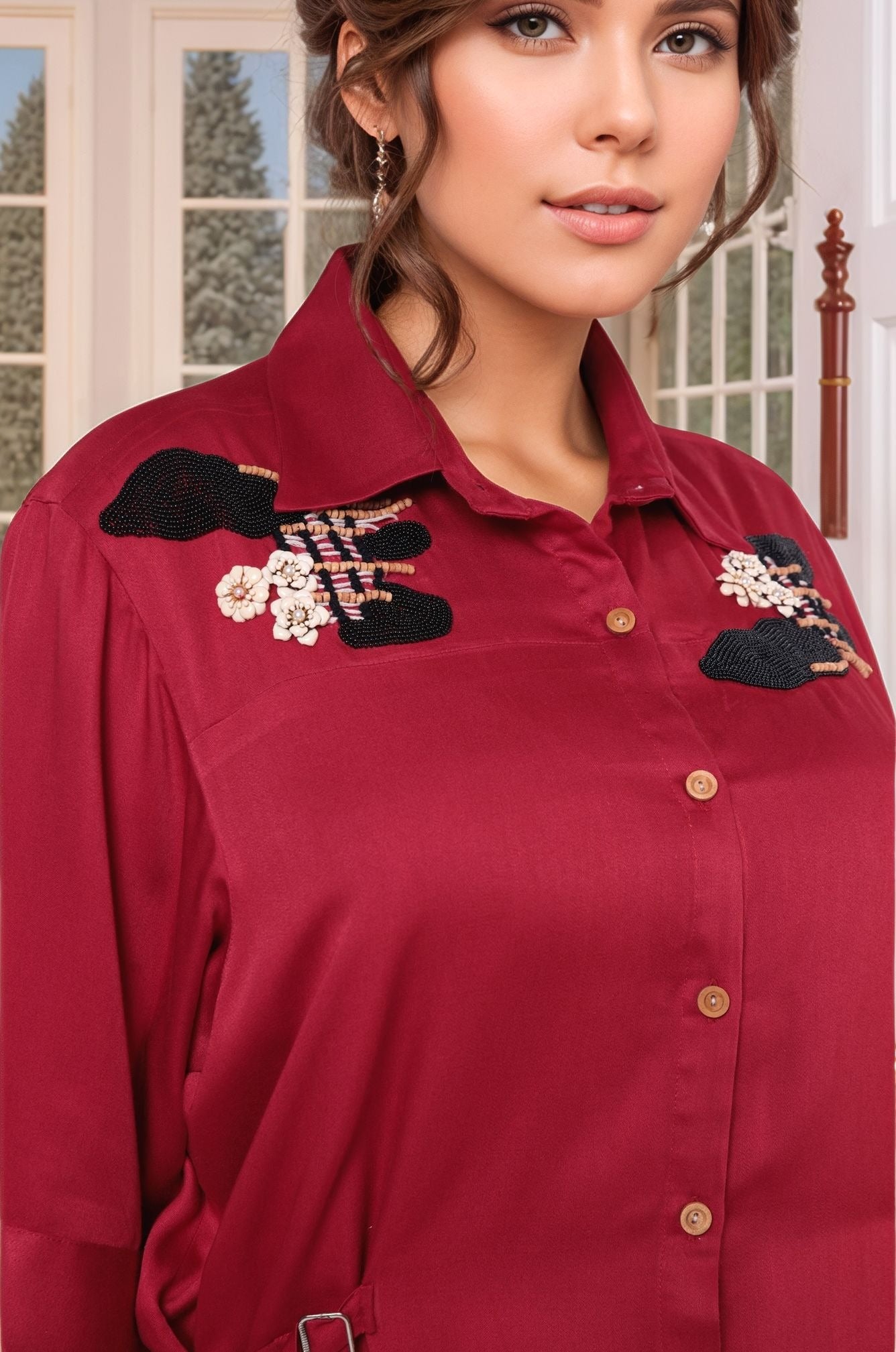 Bold Red With Button Down Embroidered Shirt
