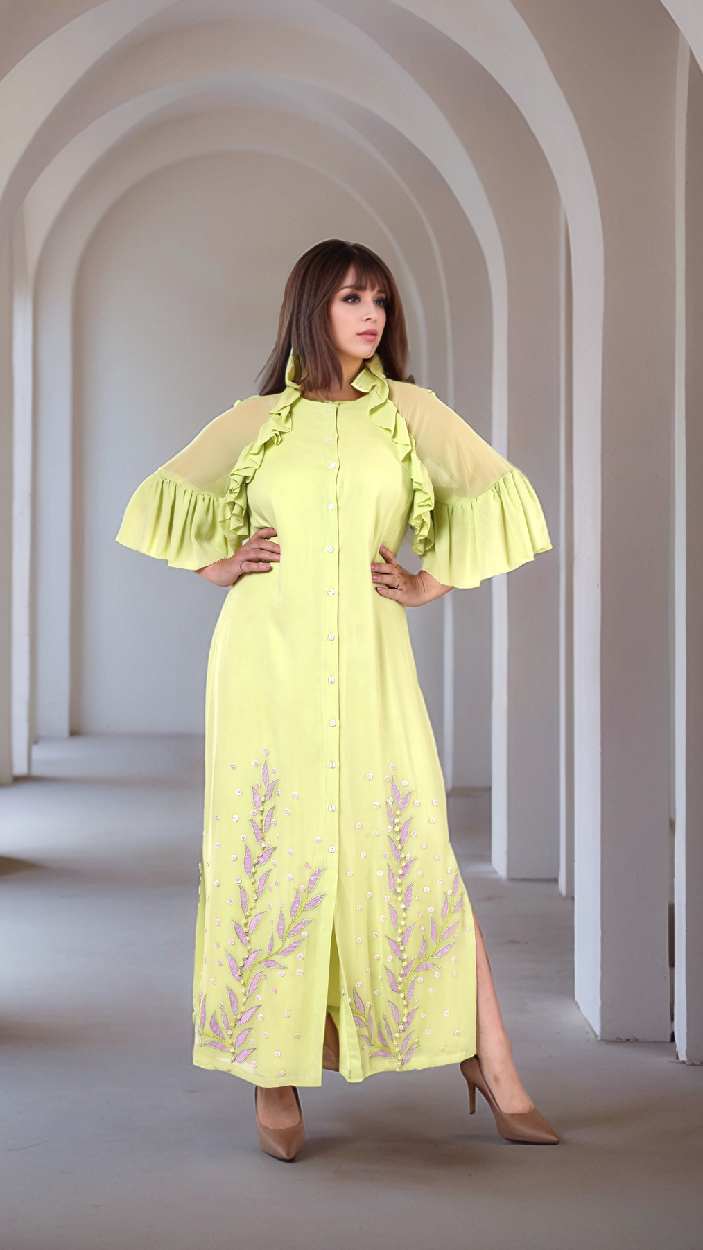 Creamy Avocado Green Embroidered  Dress