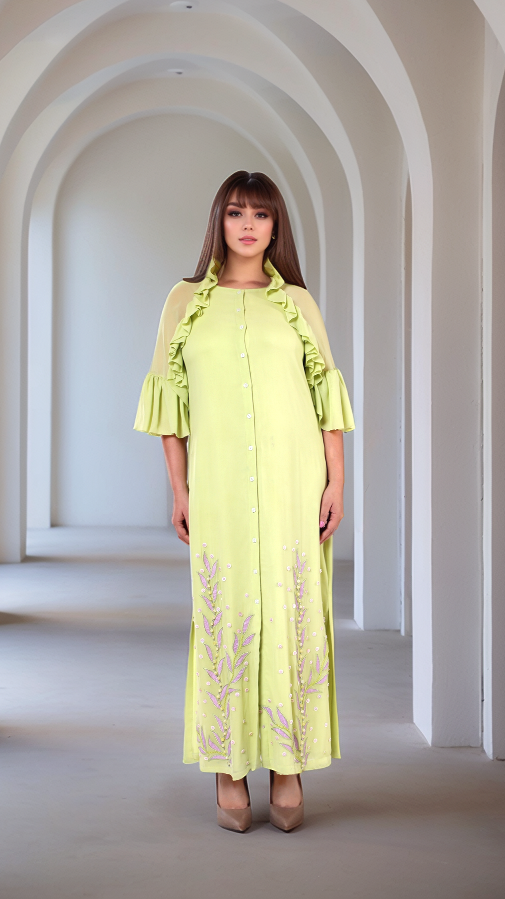 Creamy Avocado Green Embroidered  Dress