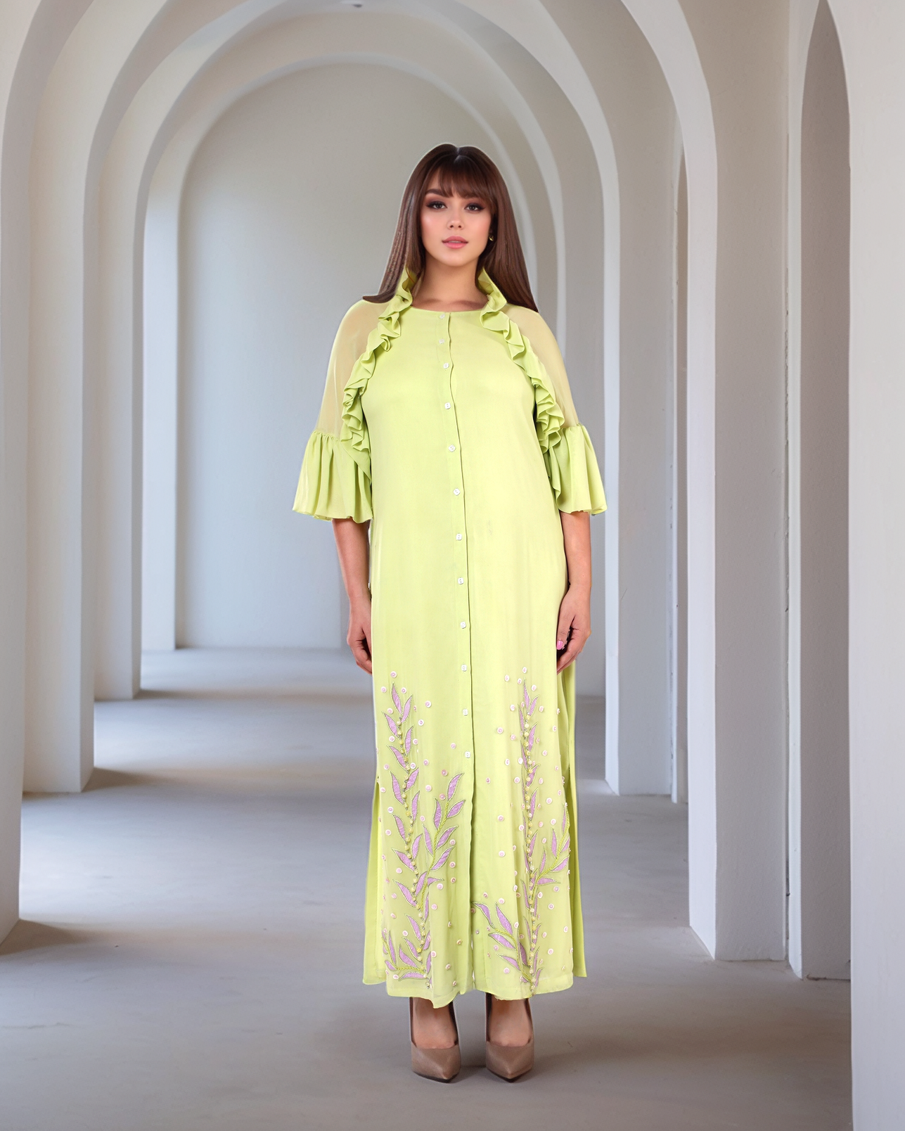 Creamy Avocado Green Embroidered  Dress