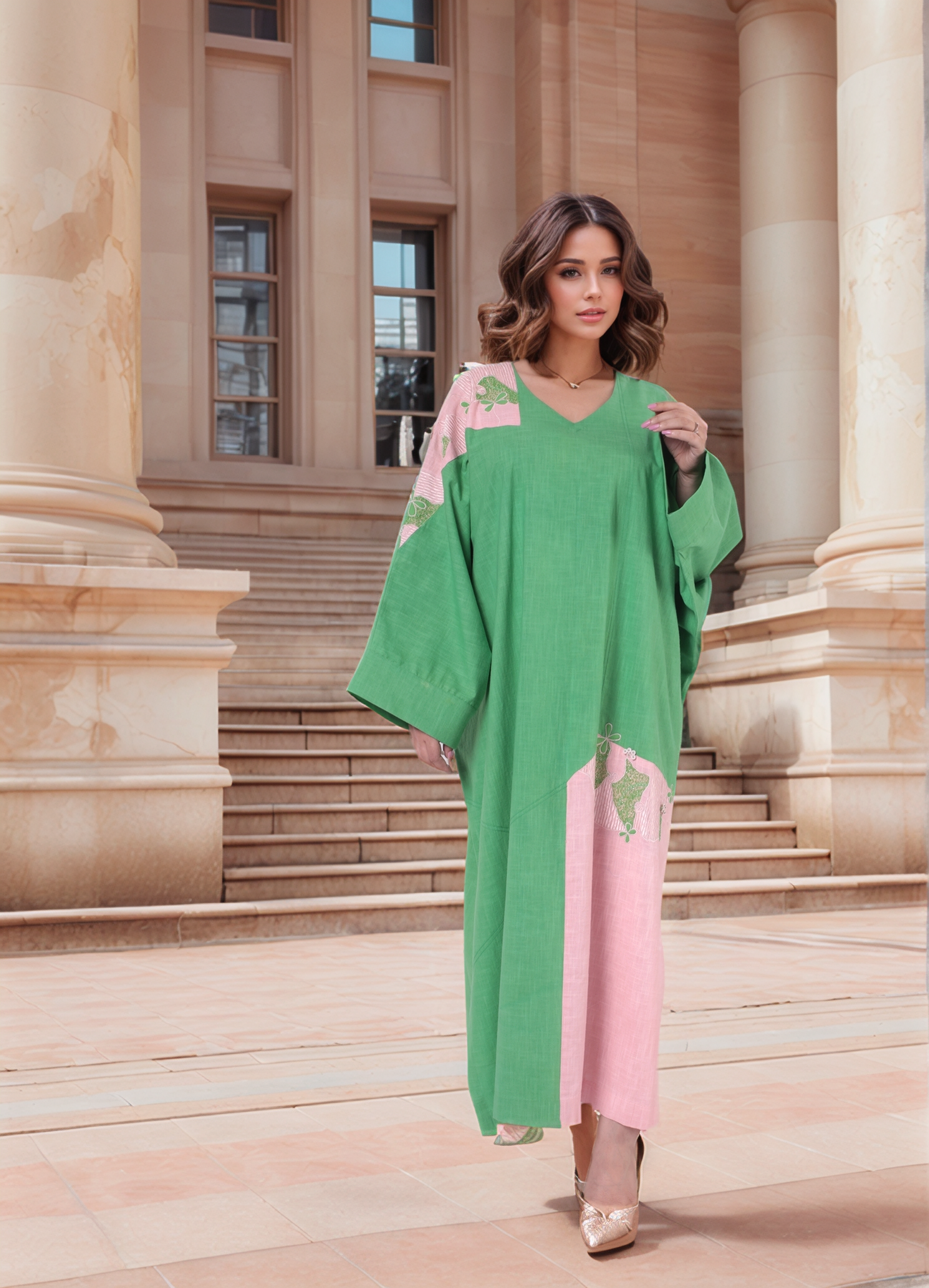 Green And Pink Colour Blocked Kaftan Dress
