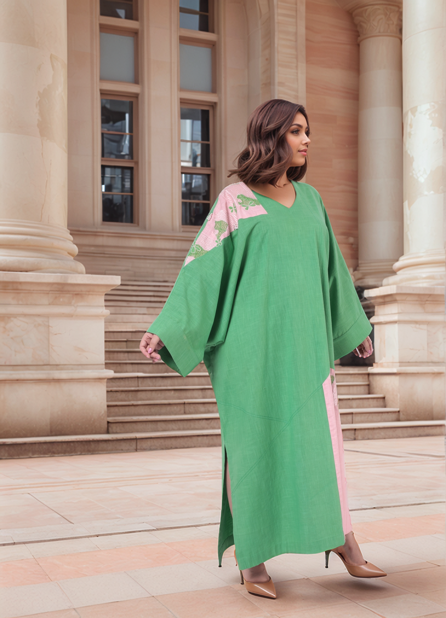 Green And Pink Colour Blocked Kaftan Dress