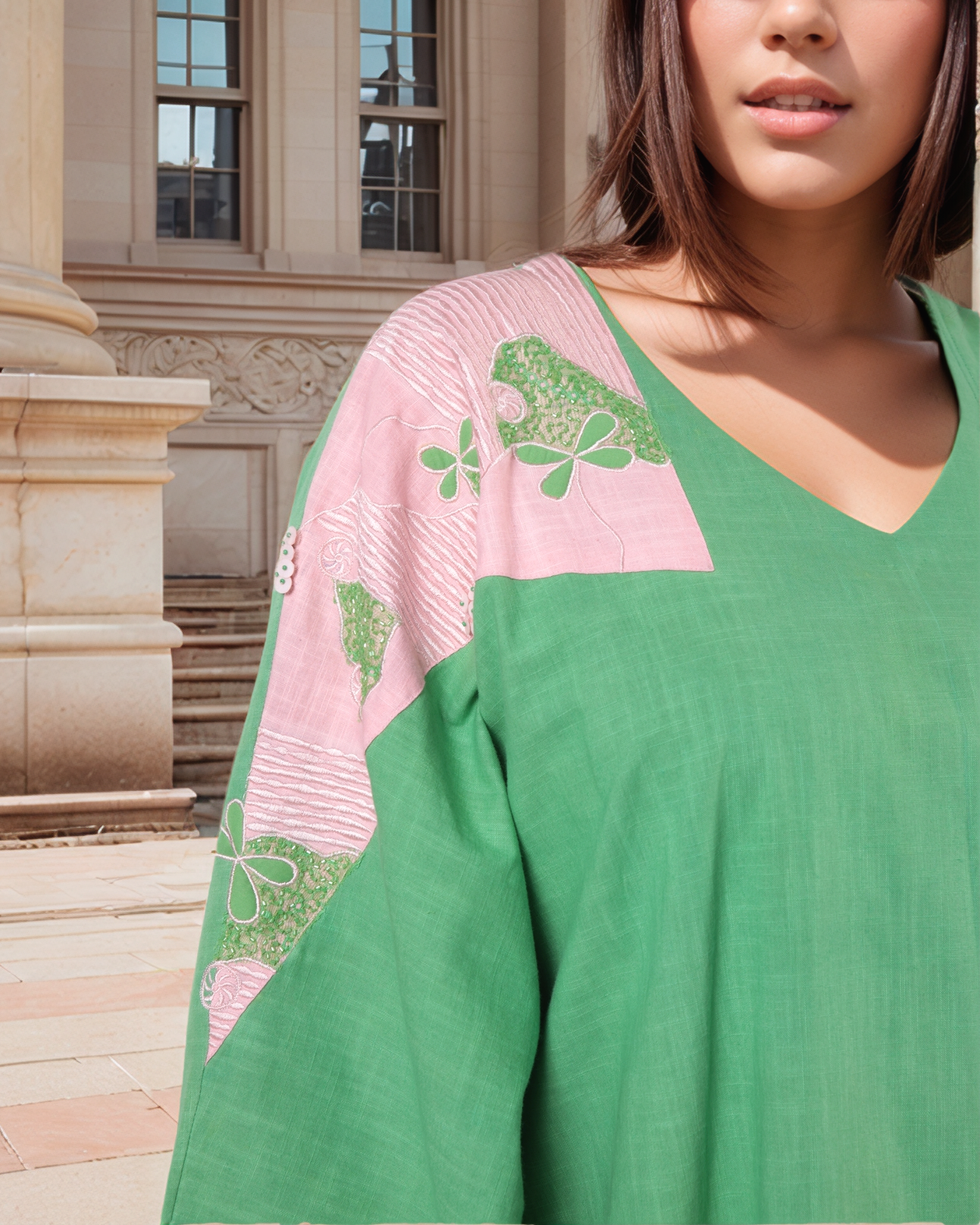 Green And Pink Colour Blocked Kaftan Dress