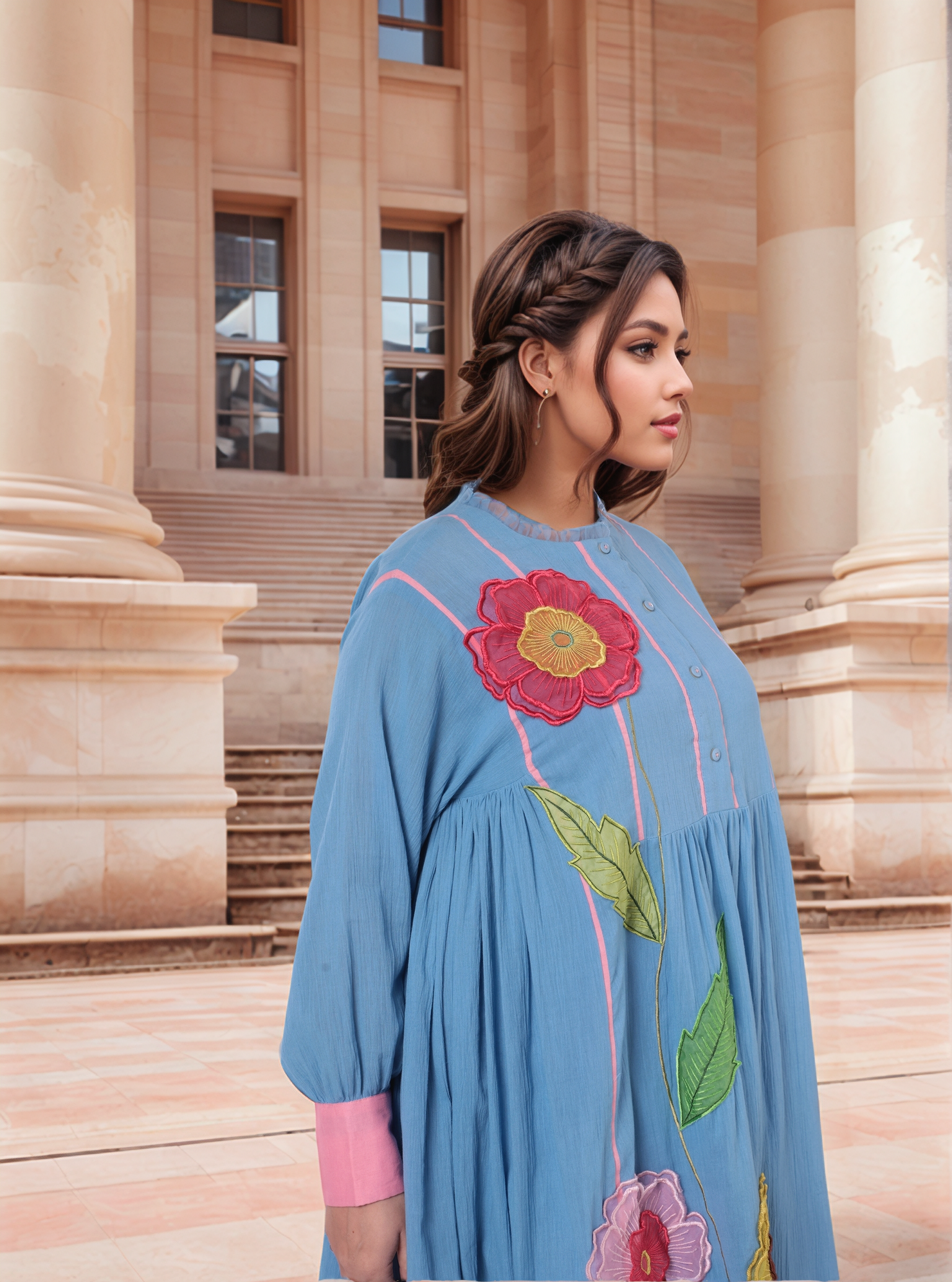Blue-Pink Colour Block Kurta Set