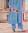 Blue-Pink Colour Block Kurta Set