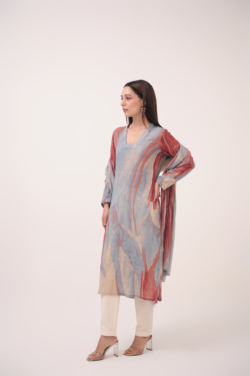 Watercolour Lotus Print Kurta Set With Dupatta Teal