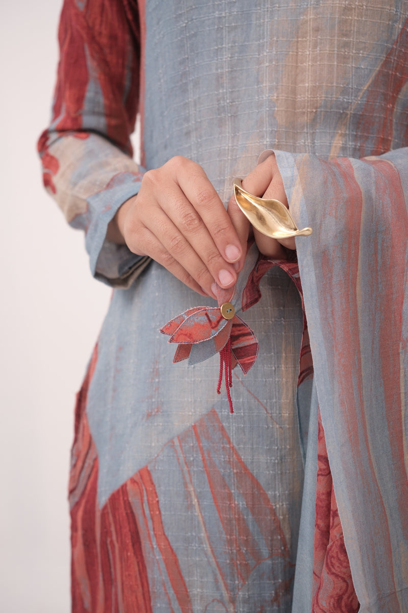 Watercolour Lotus Print Kurta Set With Dupatta Teal