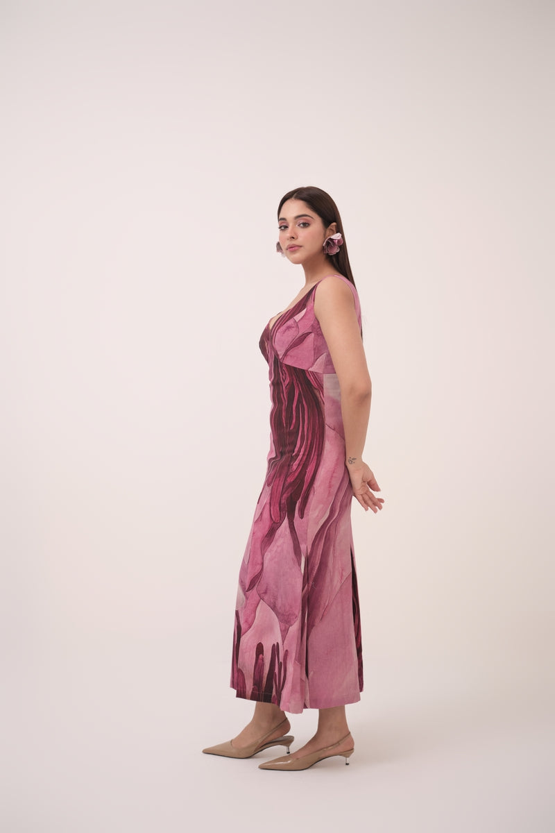 Watercolour Lotus Print Box-Pleated Dress Mulberry Pink