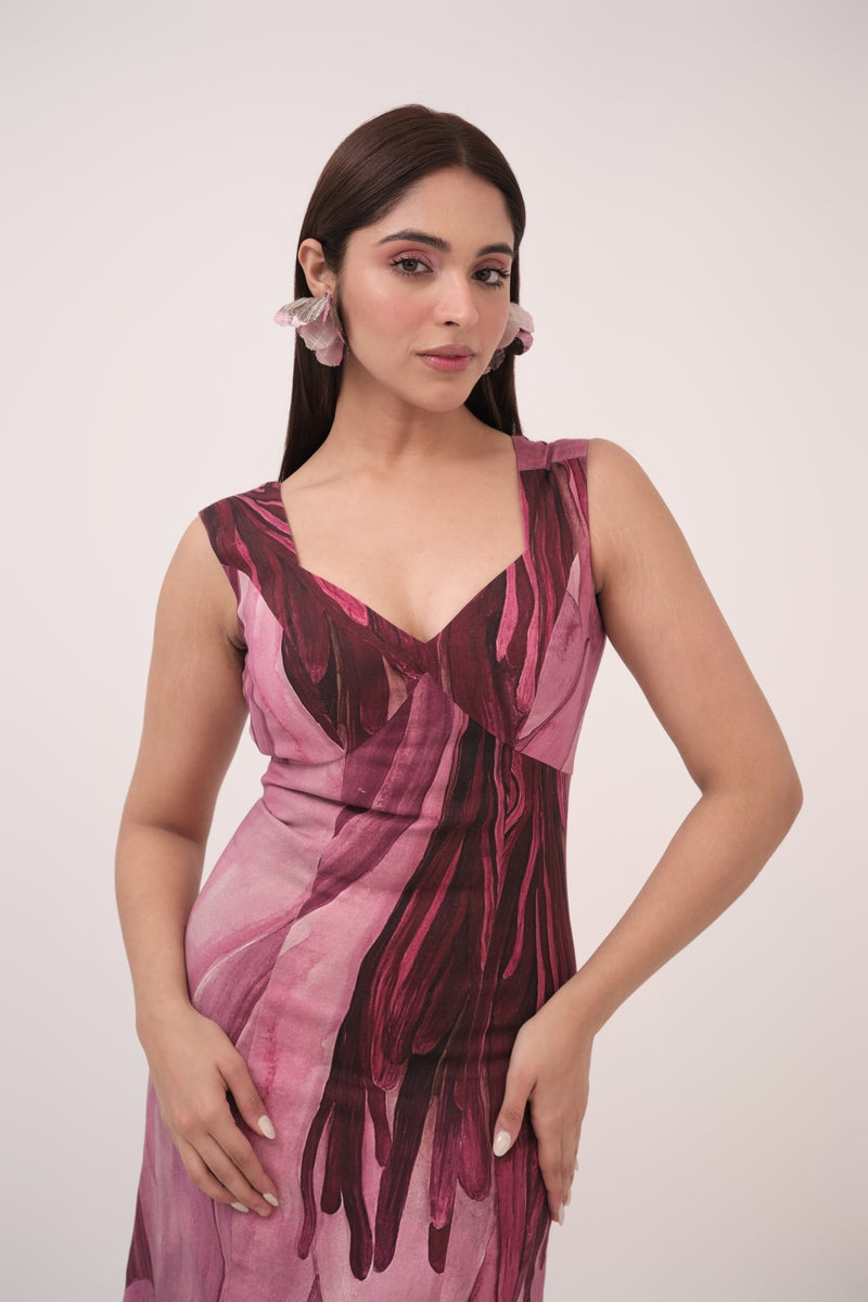 Watercolour Lotus Print Box-Pleated Dress Mulberry Pink