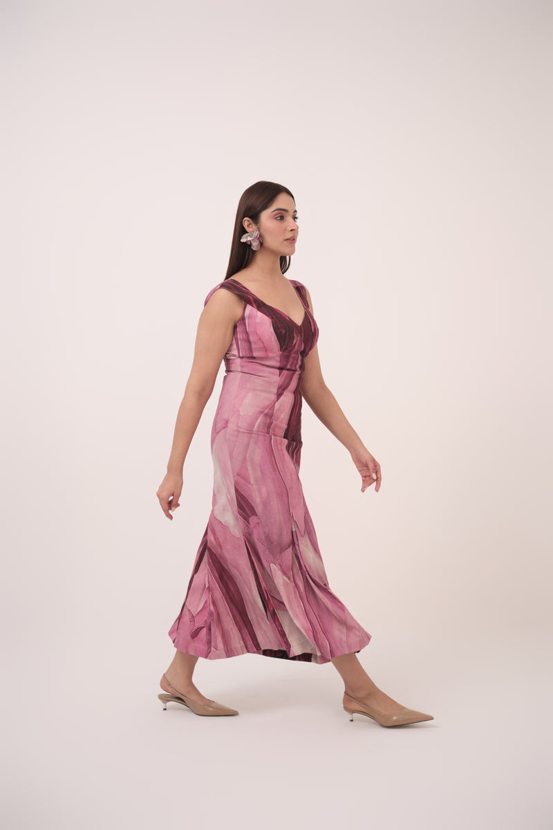 Watercolour Lotus Print Box-Pleated Dress Mulberry Pink