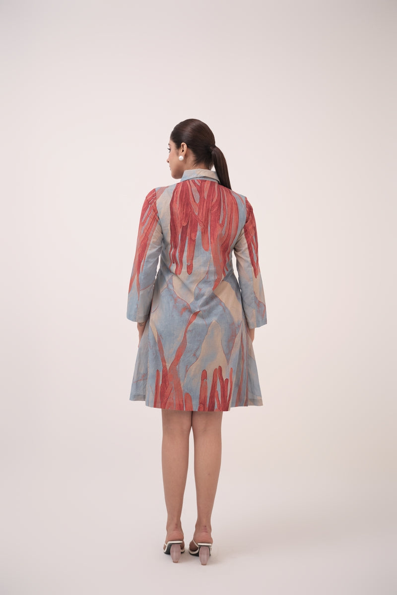 Watercolour Lotus Print Shirt Dress Teal