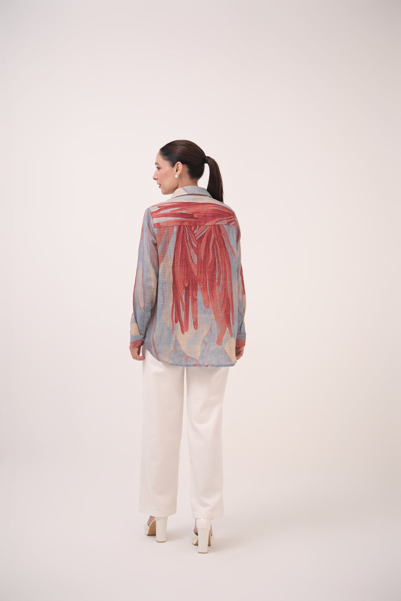 Watercolour Lotus Print Cotton Shirt Teal