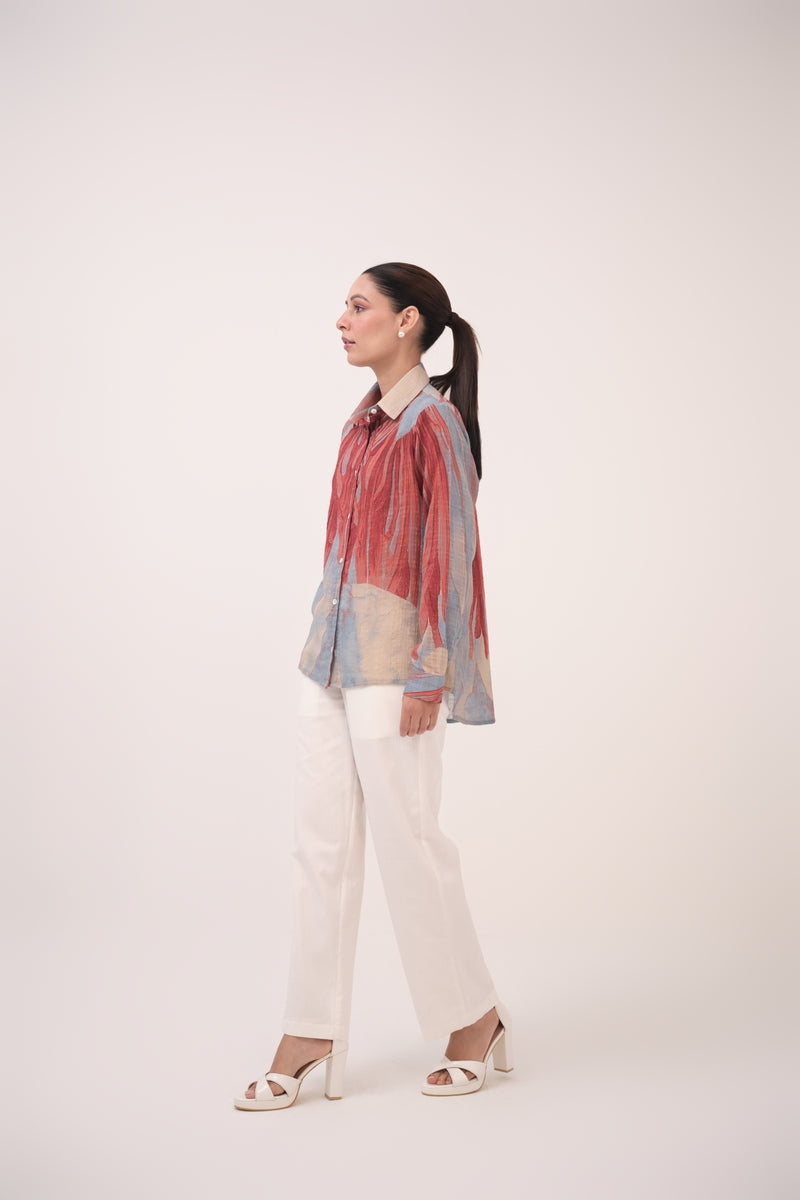 Watercolour Lotus Print Cotton Shirt Teal