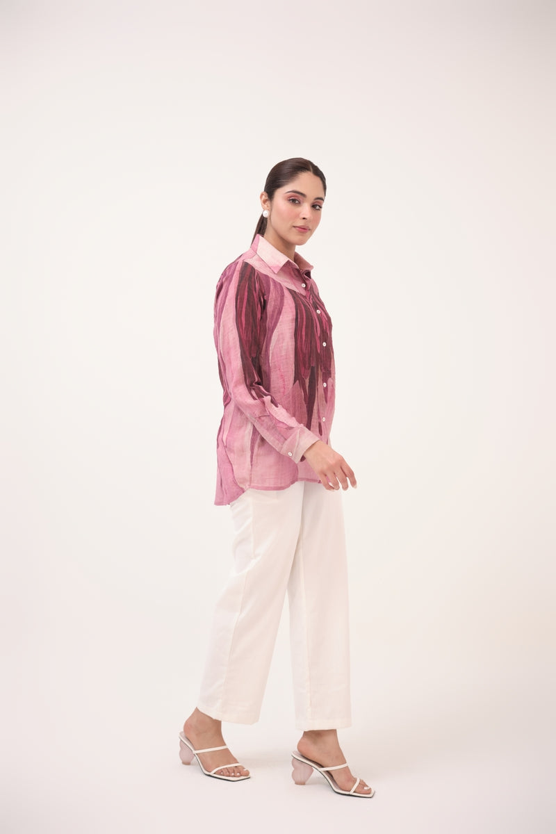 Watercolour Lotus Print Cotton Shirt  Mulberry Pink