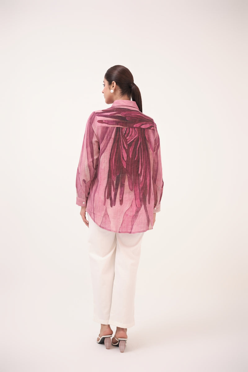 Watercolour Lotus Print Cotton Shirt  Mulberry Pink