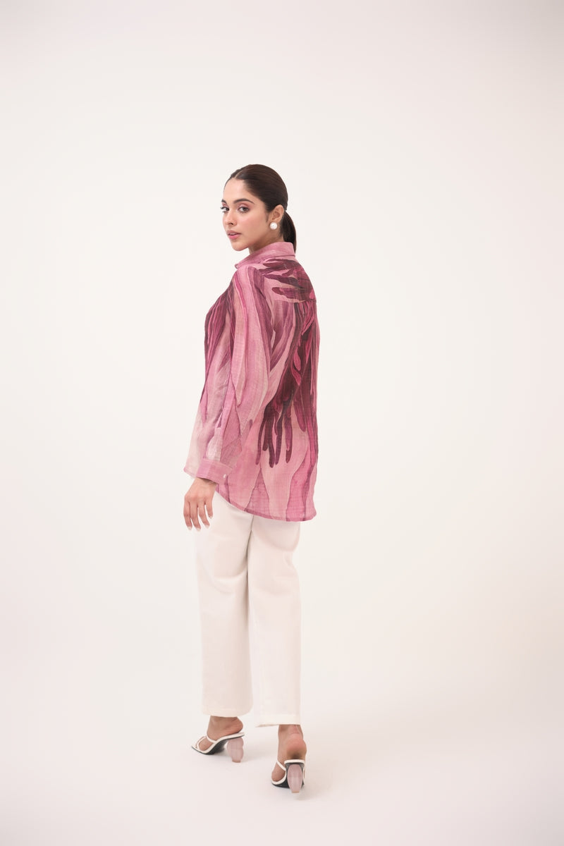 Watercolour Lotus Print Cotton Shirt  Mulberry Pink