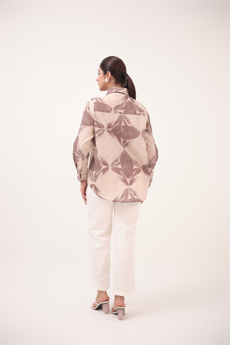 Mendaka Digital Print Cotton Shirt Beige & Brown