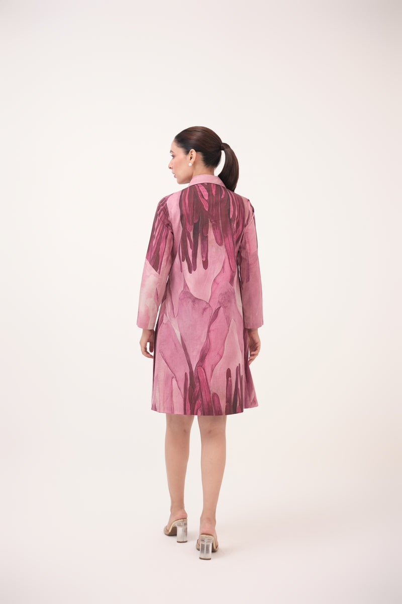 Watercolour Lotus Print Shirt Dress Mulberry Pink