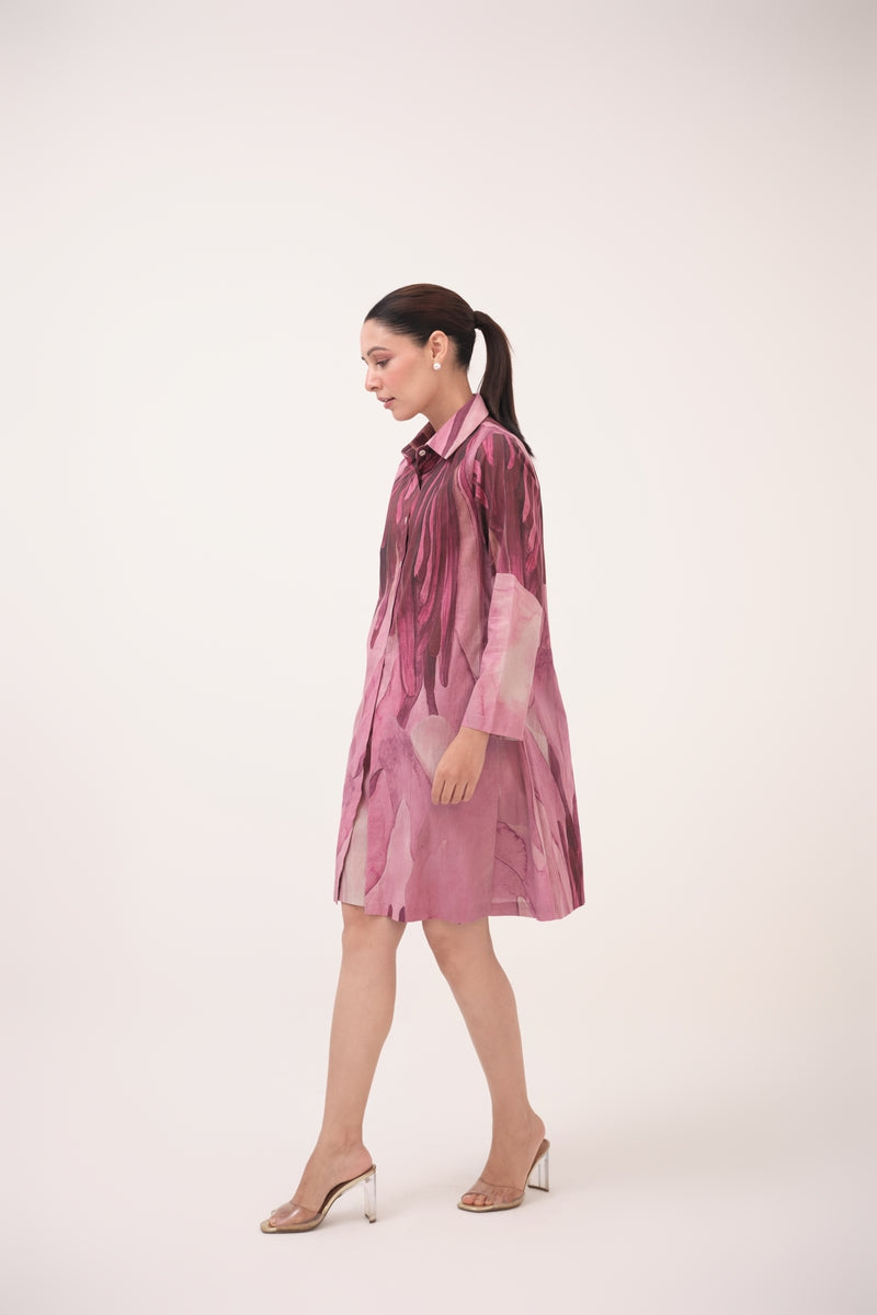 Watercolour Lotus Print Shirt Dress Mulberry Pink